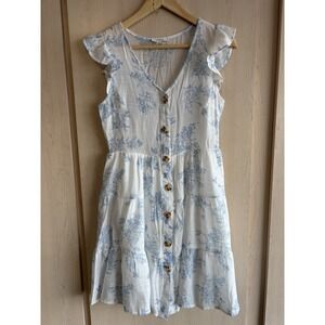 E & M SUN/PULLOVER DRESS Womens Small white blue Sleeveless Buttons V-Neck Lined